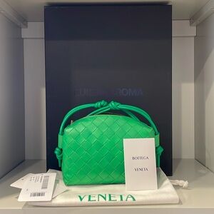 Bottega Veneta Mini Loop Intrecciato Leather Camera Crossbody Bag Parakeet Lined